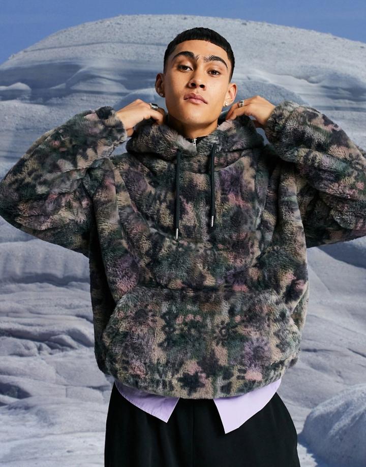 Asos Design Oversized Faux Fur Hoodie In All Over Geometric Print-multi