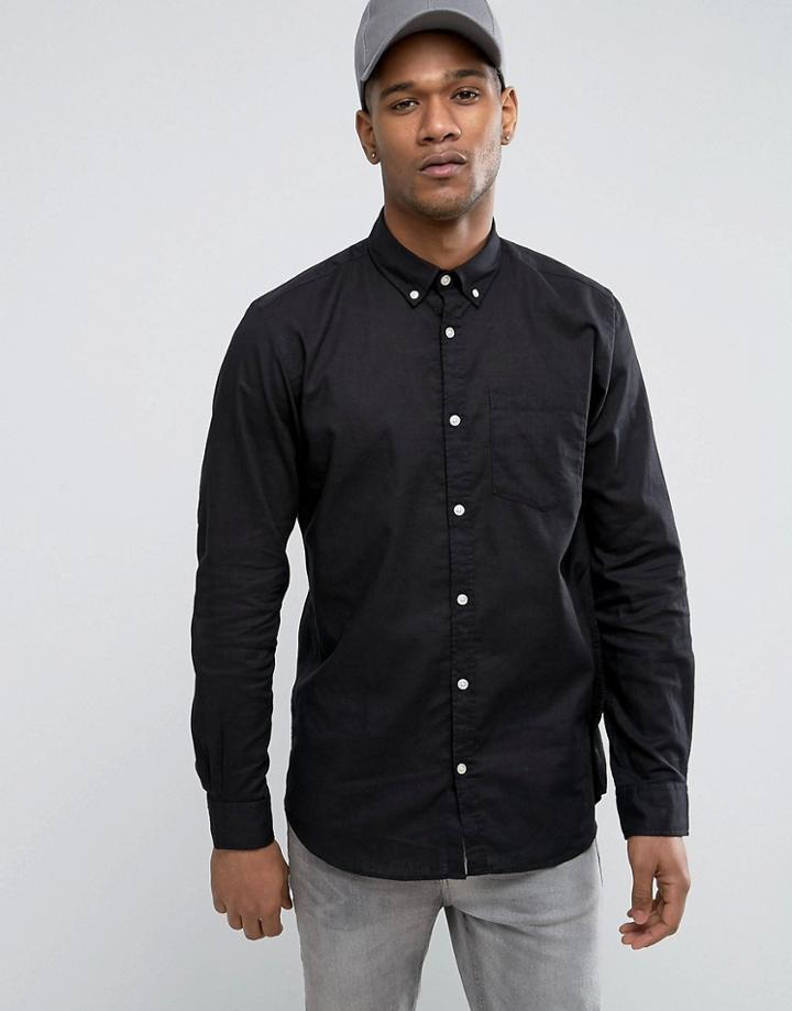 Jack & Jones Originals Linen Mix Long Sleeve Slim Fit Button Down Shirt - Black