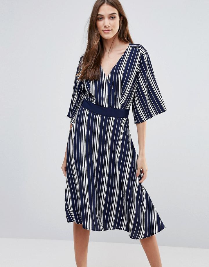 Liquorish Striped Wrap Front Dress - Blue