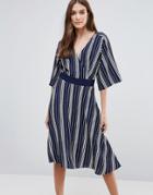 Liquorish Striped Wrap Front Dress - Blue