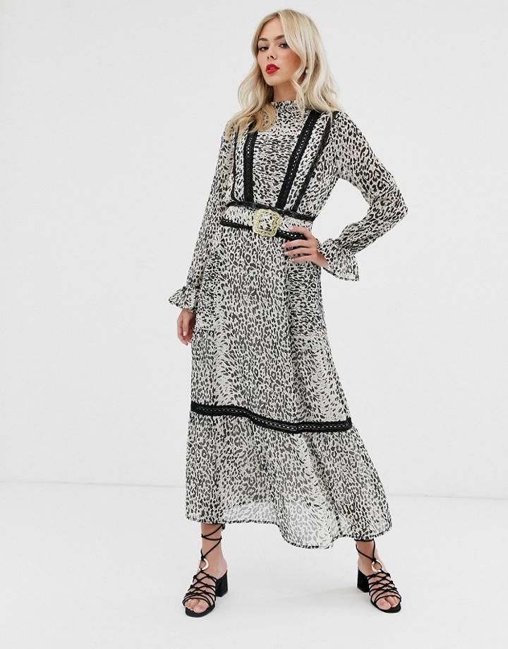 Asos Design Lace Insert Maxi Dress With Buckle Belt In Leopard Print-multi