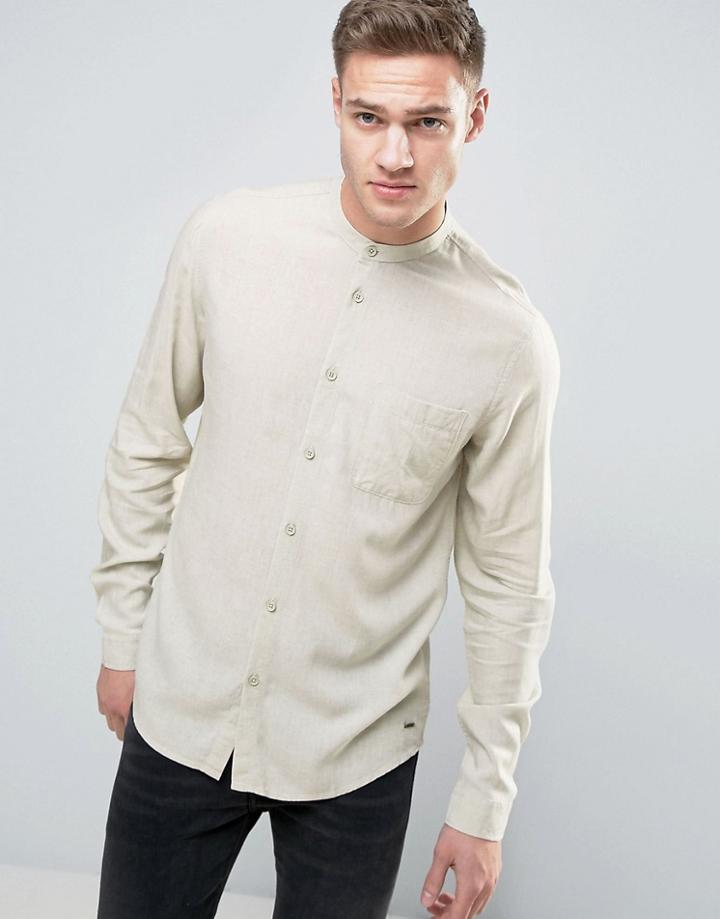 Solid Linen Mix Shirt With Grandad Collar In Regular Fit - Beige