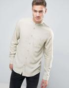 Solid Linen Mix Shirt With Grandad Collar In Regular Fit - Beige