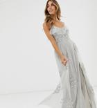 Maya Frilly Cami Strap All Over Embellished Dotty Tulle Maxi Dress In Gray