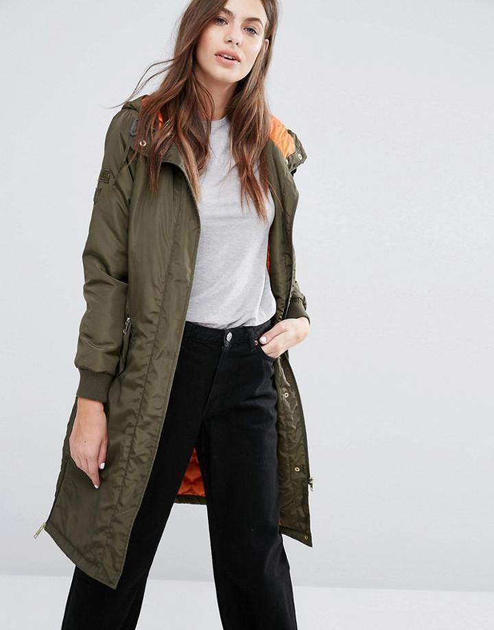Brave Soul Long Line Bomber Jacket - Green