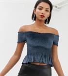 River Island Off The Shoulder Velvet Top With Peplum Hem In Blue - Blue
