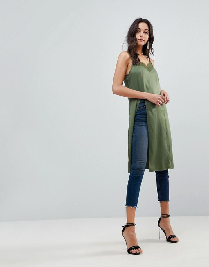 Asos Longline Satin Cami With Lace Detail - Green