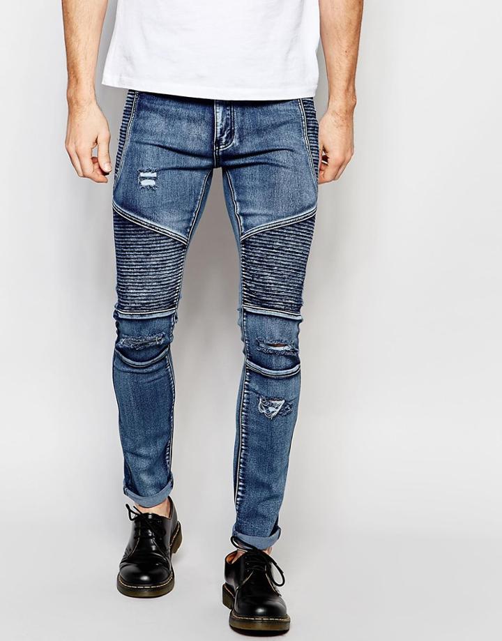 Liquor & Poker Skinny Distressed Biker Jeans In Brush Wash Blue - Brush Wash