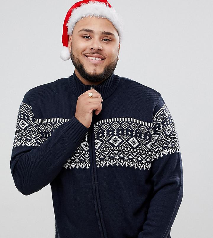 Badrhino Big Fairisle Zip Thru Sweater In Wool Mix - Navy