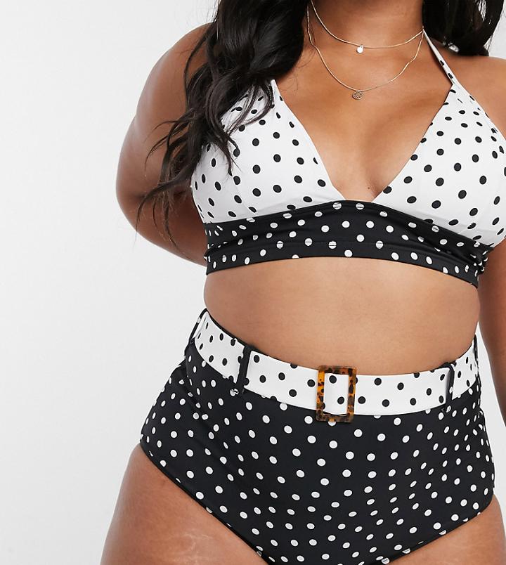 New Look Curve Belted High Waist Bikini Bottom In Contrast Polka Dot-black