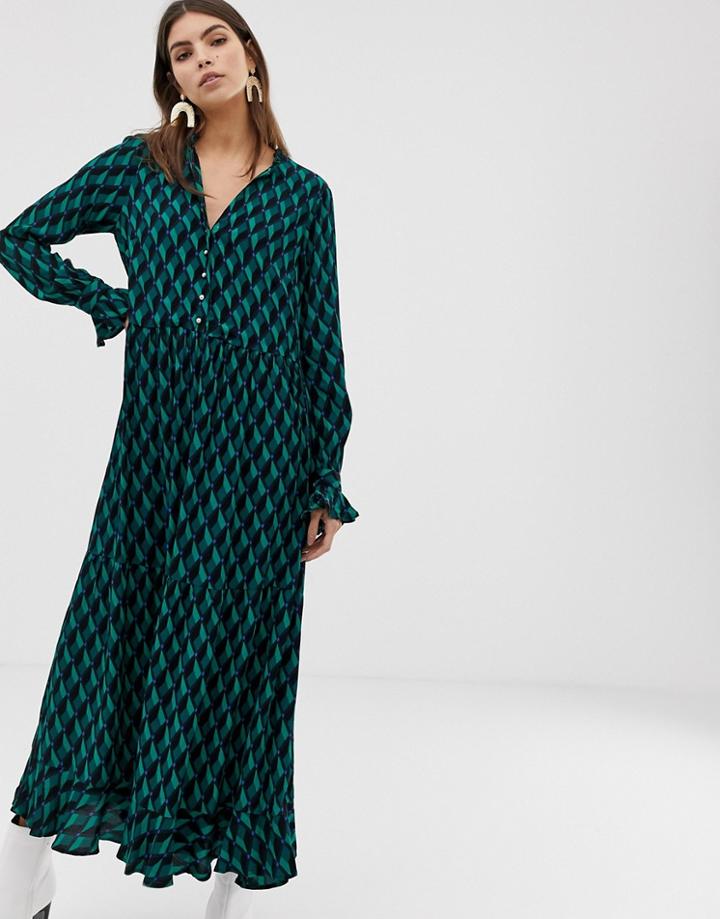 Y.a.s Geo Printed Maxi Shirt Dress - Green