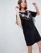 Asos Design Embroidered Yoke Western T-shirt Dress With Fringing-black