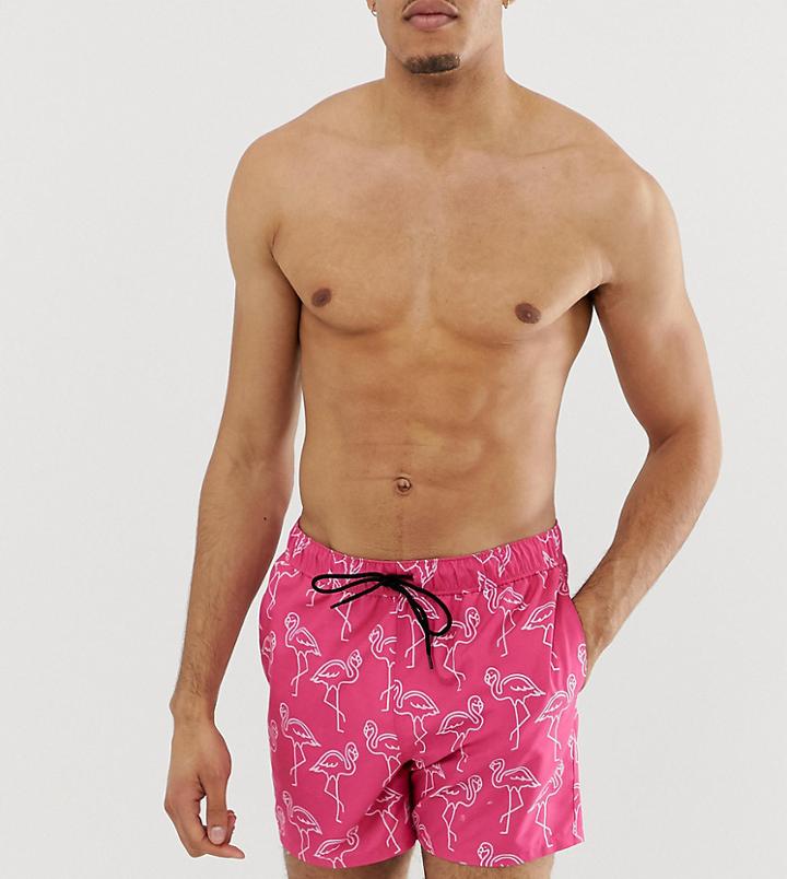 Asos Design Tall Swim Shorts In Pink Flamingo Print Short Length - Pink
