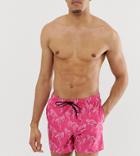 Asos Design Tall Swim Shorts In Pink Flamingo Print Short Length - Pink