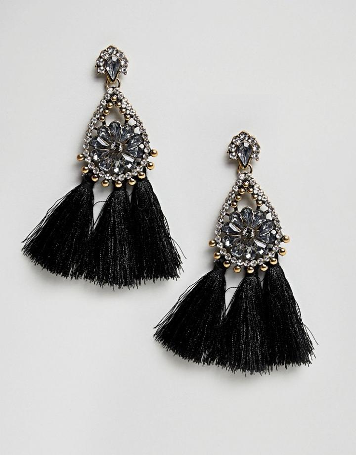 New Look Fabric Tassel Gem Earrings - Black