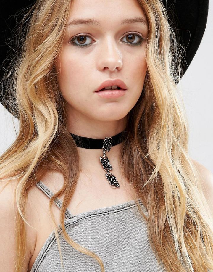 Asos Velvet Rose Choker Necklace - Black