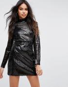 Boohoo High Neck Sheer Panel Sequin Mini Dress - Black