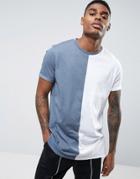 Asos Longline T-shirt With Contrast Splice In Blue/white - Multi