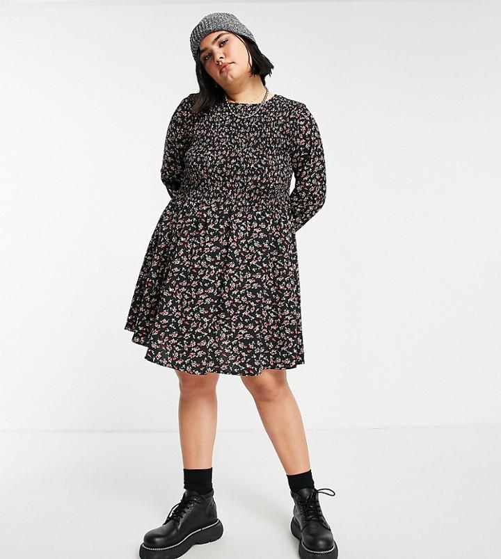 Daisy Street Plus Long Sleeve Fitted Mini Dress In Black Floral