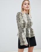 Prettylittlething Frill Hem Open Tie Back Top In Snake Print - Multi