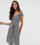 Brave Soul Tall Off Shoulder Midi Dress In Gingham With Button Front - Black