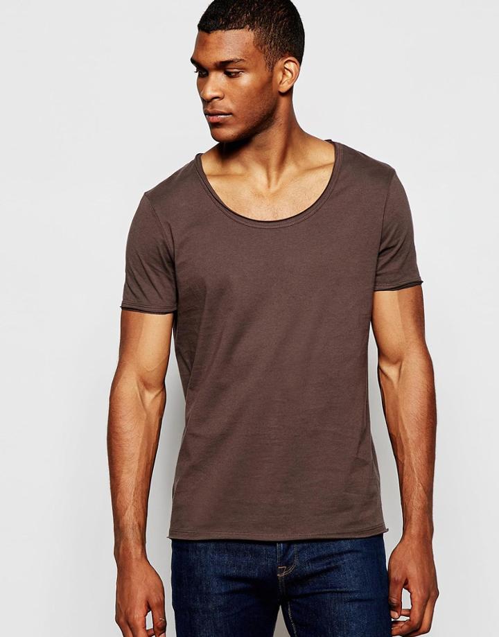 Asos T-shirt With Raw Edge Scoop Neck - Turkish Coffee