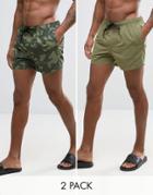 Asos Swim Shorts 2 Pack In Khaki And Camo Print In Short Length Save -