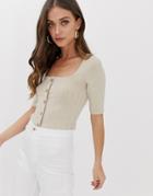 Stradivarius Ribbed Button Front Square Neck Top In Beige - Beige