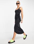 Asos Design Sleeveless Square Neck Sarong Skirt Midi Dress In Black
