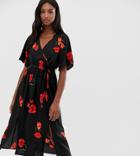 Influence Tall Wrap Floral Midi Dress With Split In Black - Black