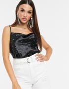 Asos Design Cowl Neck Cami With Hot Fix In High Shine Satin-black