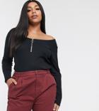 Only Curve Scoop Neck Top With Zip Detail In Black