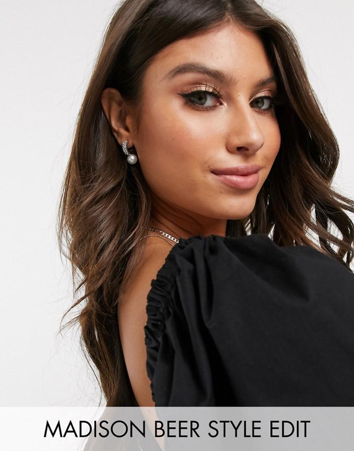 Asos Design Small Crystal Hoop Earrings With Pearl In Silver Tone
