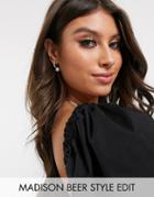 Asos Design Small Crystal Hoop Earrings With Pearl In Silver Tone