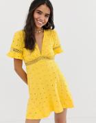 Asos Design Broderie Tea Dress With Woven Ladder Trim - Yellow