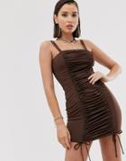 Katchme Ruched Drawstring Mini Dress In Chocolate-brown