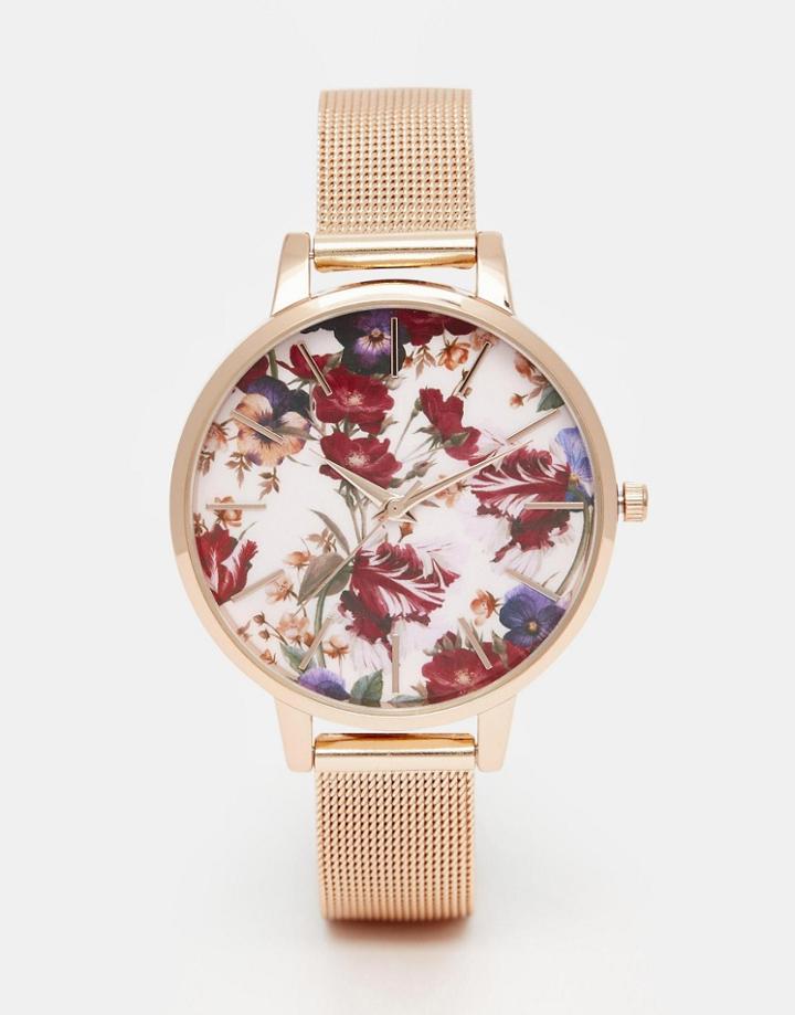 Asos Floral Printed Dial Mesh Strap Watch - Multi