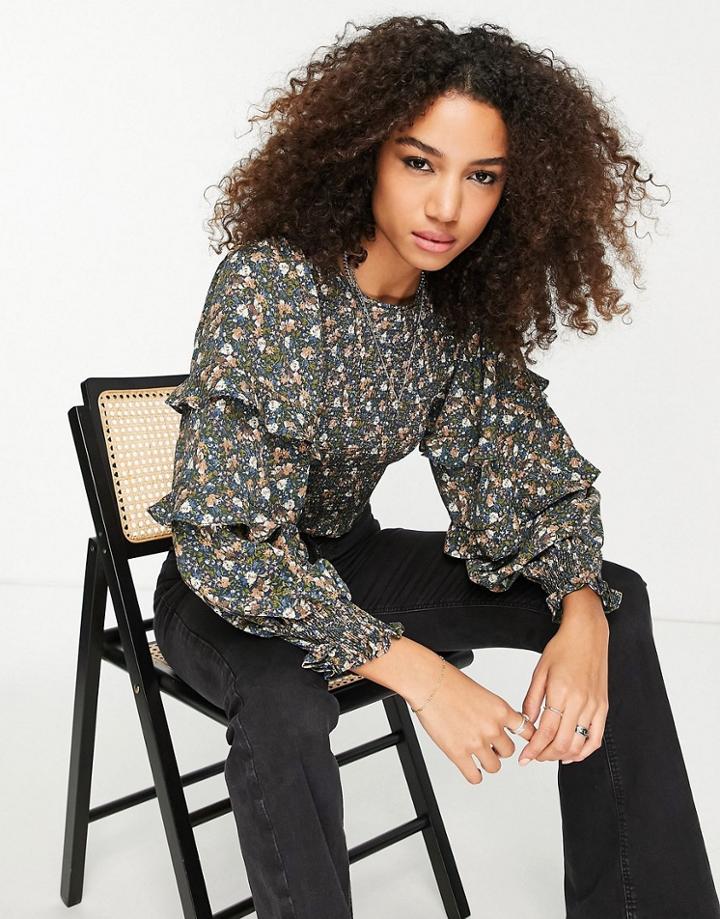 Topshop Shirred Body Longsleeve Frill Top In Ditsy Print Blue-blues