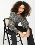 Topshop Shirred Body Longsleeve Frill Top In Ditsy Print Blue-blues