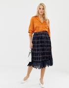 Liquorish Pleated Mid Skirt In Check Print With Lace Trim - Navy