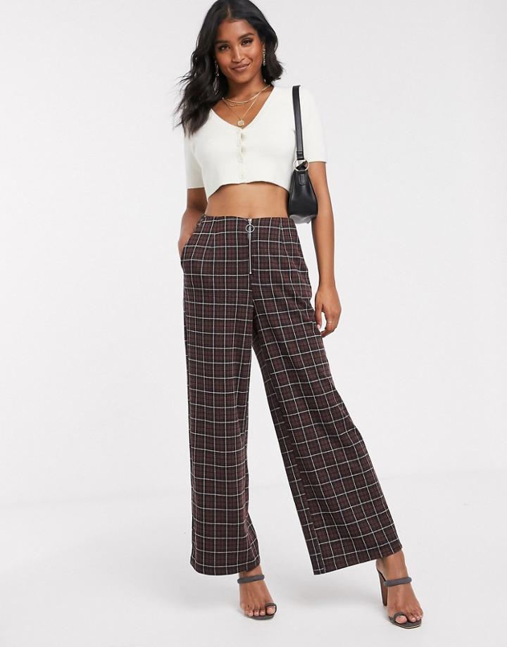 Vero Moda Zip Up Wide Leg Checked Pants - Multi