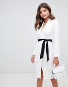Closet London Wrap Front Pencil Dress With Contrast Belt In Ivory - White