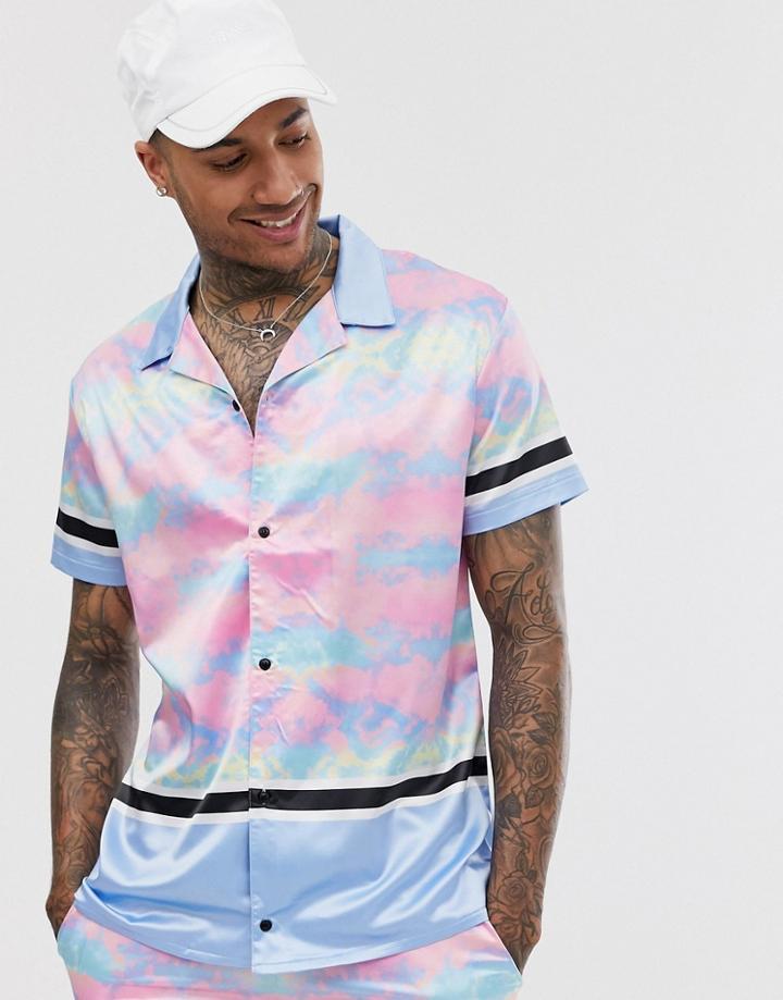 Night Addict Tie Dye Panel Satin Revere Collar Shirt-pink