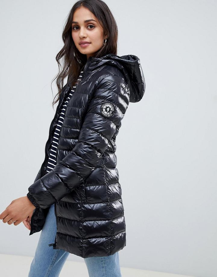 Brave Soul Everett Padded Coat With Hood In Shine Finish - Black