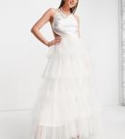 Lace & Beads Bridal Ruched Waist Tiered Maxi Skirt In Ivory-white