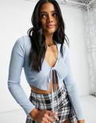 Flounce Ribbed Tie Front Cardigan In Blue-blues