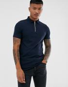 Asos Design Organic Muscle Fit Jersey Polo With Zip Neck In Navy - Navy