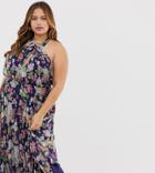 Asos Design Curve Pleated High Neck Midi Dress In Summer Floral Print - Multi