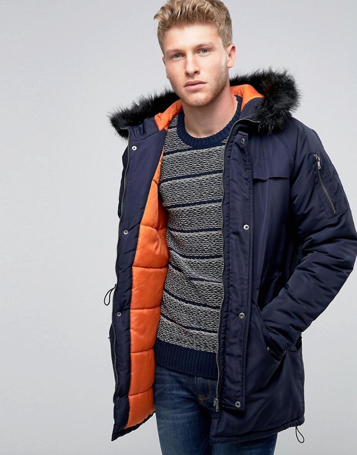 Another Influence Hooded Parka Jacket With Faux Fur Hood - Navy