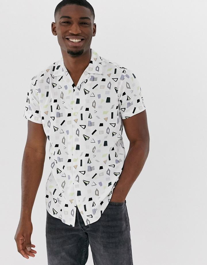 Jack & Jones Premium Slim Fit Shirt In Geometric Print With Revere Collar - White